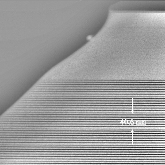 Enlarged view: XTEM image of a SiGe quantum cascade structure. Courtesy E. Müller, EMEZ, ETHZ large_array Array of Ge crystals grown epitaxially on Si pillars. The array was obtained under conditions of self-limited lateral expansion of the crystals, thus preventing the latter to fuse and form a continuous film